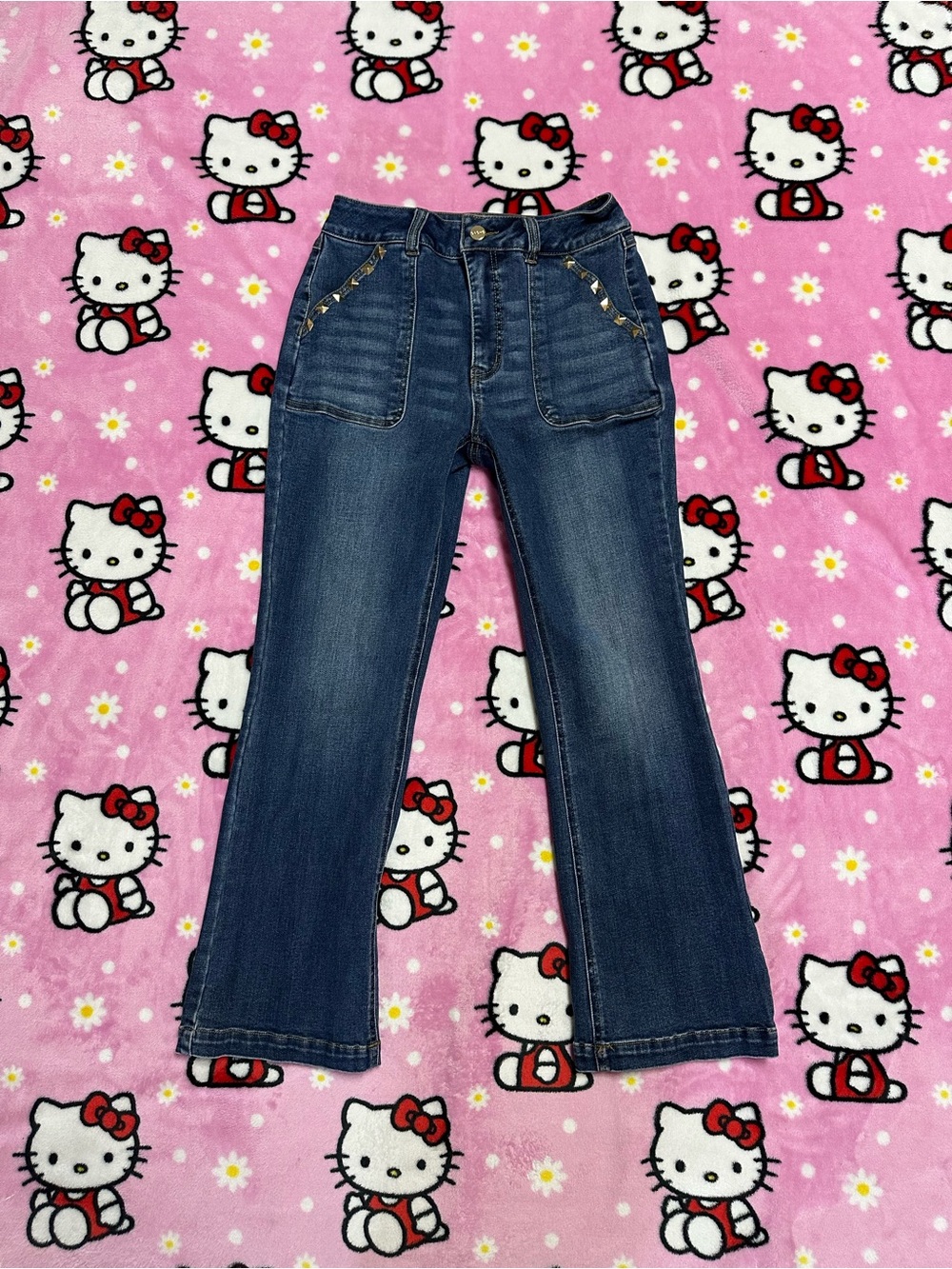 Cache Dark Blue Cropped Jeans with Front Patch Pockets and Studded Details